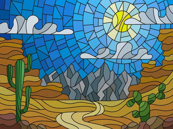 Landscape Painting Stained Glass Films, Transom Windows Film, Opaque Sticker, Self Adhesive, Static Cling, Custom Size