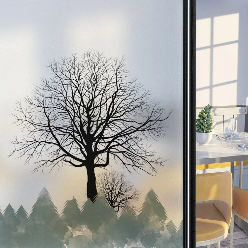 Custom Size Stained Glass Window Film,Frosted Privacy, Static Cling, Door Sticker,Bathroom, Home Decor, Tree, Mountain