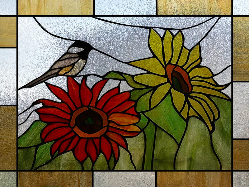 Window Film Stained Glass Stickers,Custom size Static Cling Frosted,Flower Bird Flower Print For Transom Window Glass Home Decor
