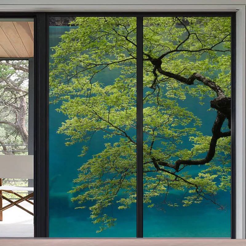 Frosted Stained Glass Window Film, Customized,Scenery,Tree,Waterfall,Static Cling Sticker,Home Decor