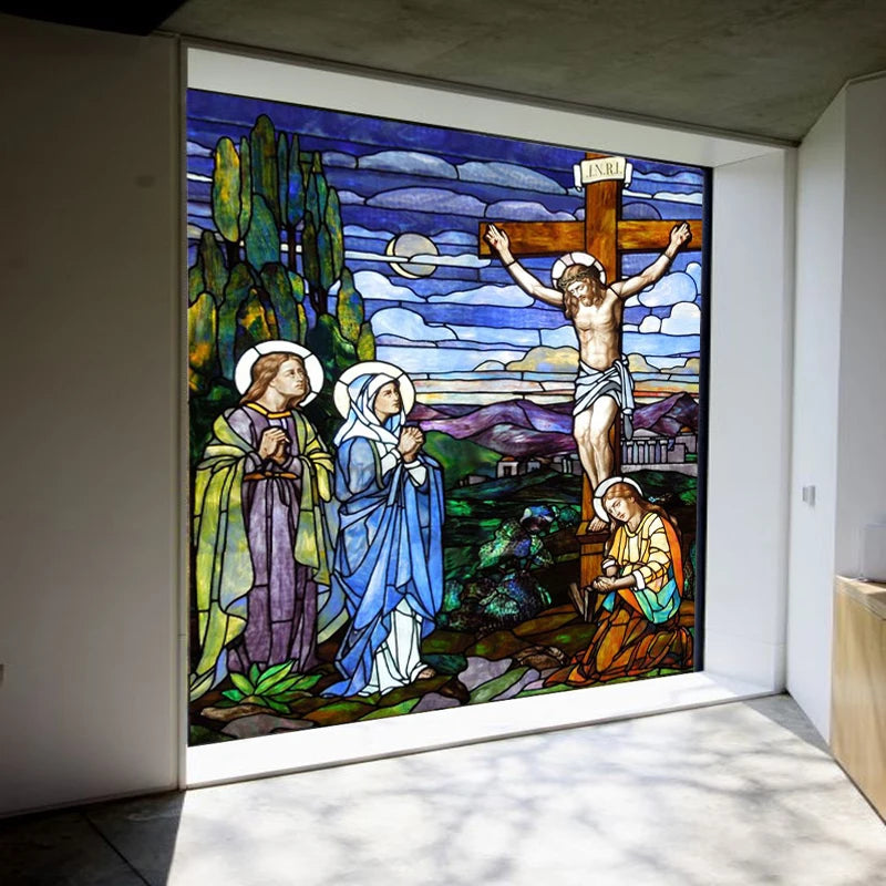 Custom Frosted Stained Glass Window Film,Static Cling Reusable,Jesus Christ Angels Virgin Mary Picture Decor Window Treatment