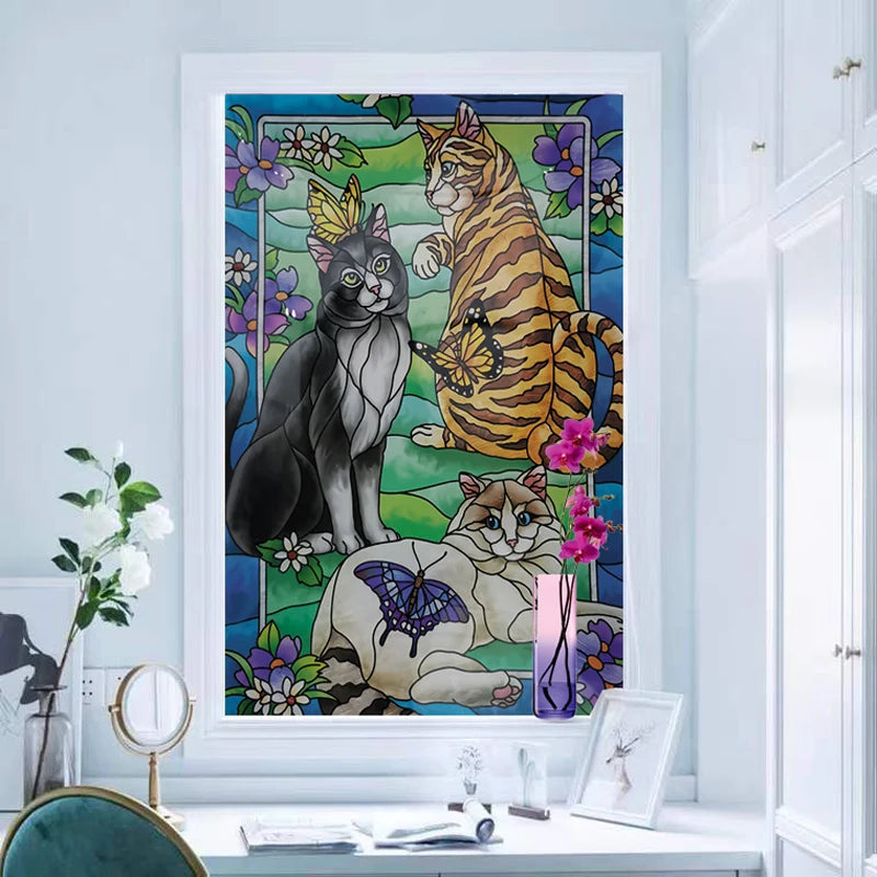 Customized Stained Glass Film Window Films Static Cling Frosted Sticker Japanese-Style Home Decor Cat  Cherry Blossom Poster