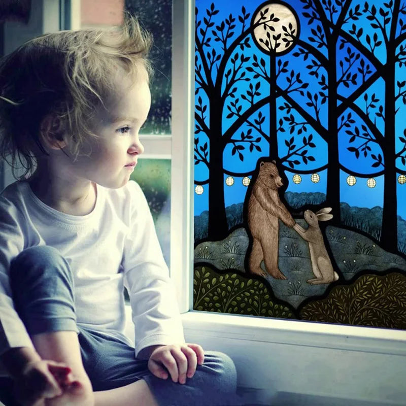 Custom Size Stained Glass Window Film Animal Pattern Rabbit Crow  Bird Fox For Rectangular Shape Glass Office Home Decor