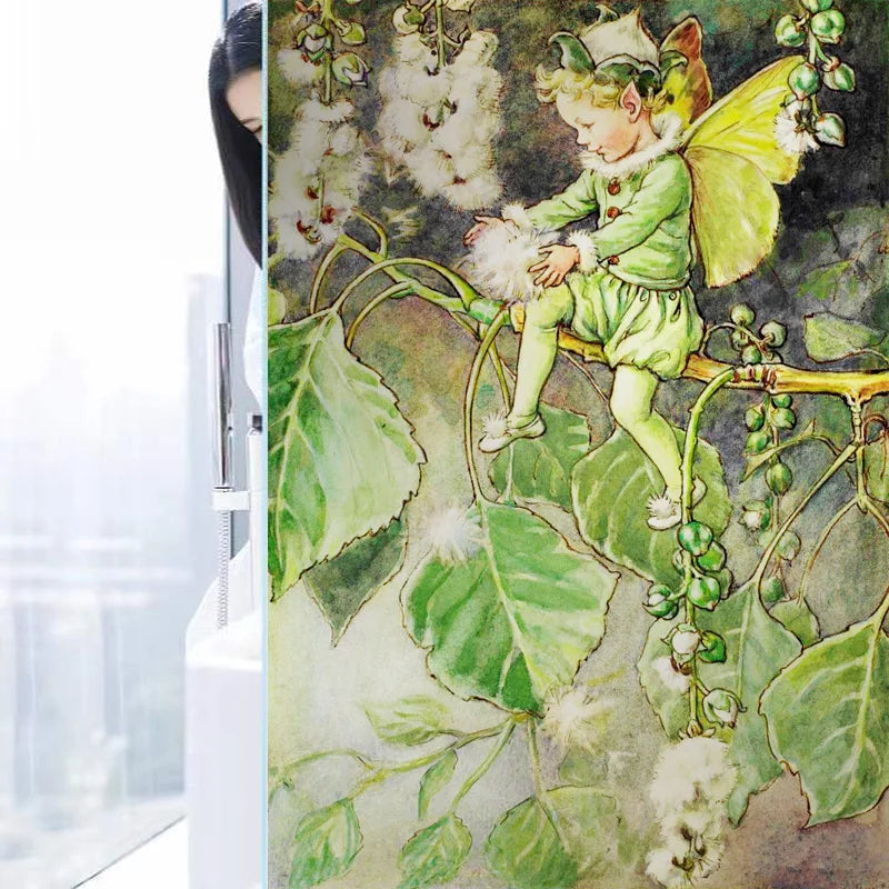 Custom Size Stained Glass Window Film, Flower Tree, Fairy Stickers, Static Cling, Kitchen, Bathroom, Bedroom, Door, Home Decor