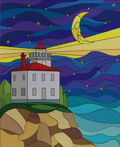 Custom size Stained Glass Films,Privacy Static Cling,Print Sea Red Lighthouse,Rising Sun, Night,Door Sticker,Office Home Decor