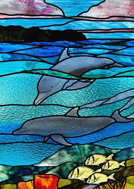 Custom Stained Glass Window Film Electrostatic Frosted Sticker, Home Foil Blue Stickers ,Waterproof for Bathroom Home Dolphin
