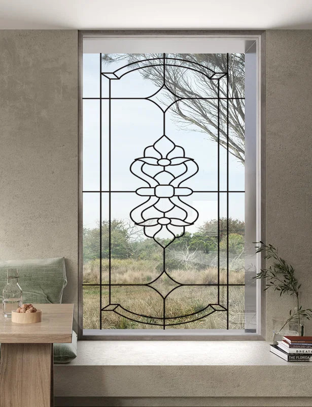 Stained Glass Window Film Transparent Glass Sticker Static Cling Iron Style Black Line Office Door Anticollision Home Decor