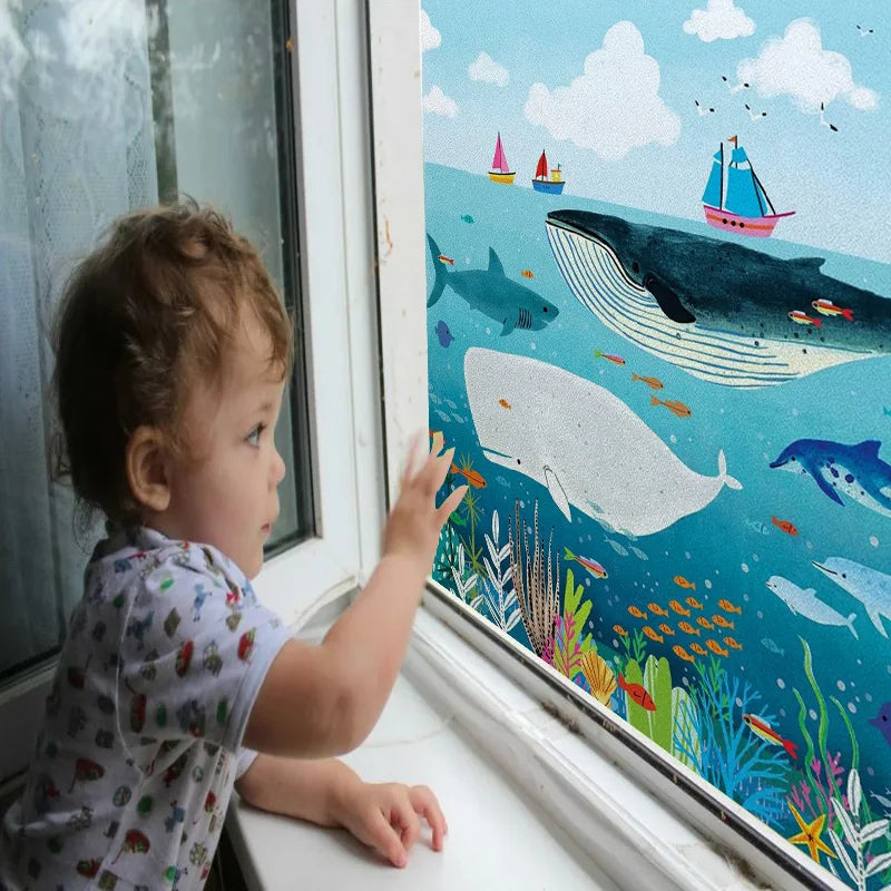 Custom size Window Film Stained Glass Films Frosted Privacy Static Cling Background Sticker Aquarium Ocean Poster Fish Tank Film