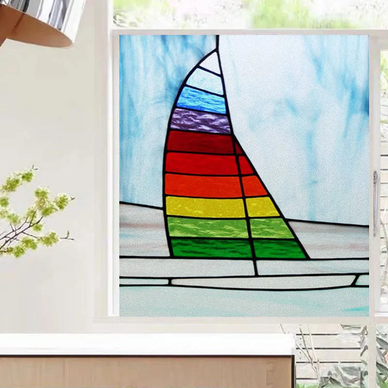 Frosted Stained Glass Window Film, Static Cling, Retro Door Sticker,Kitchen, Office, Home Decor, Customized,Sailboat