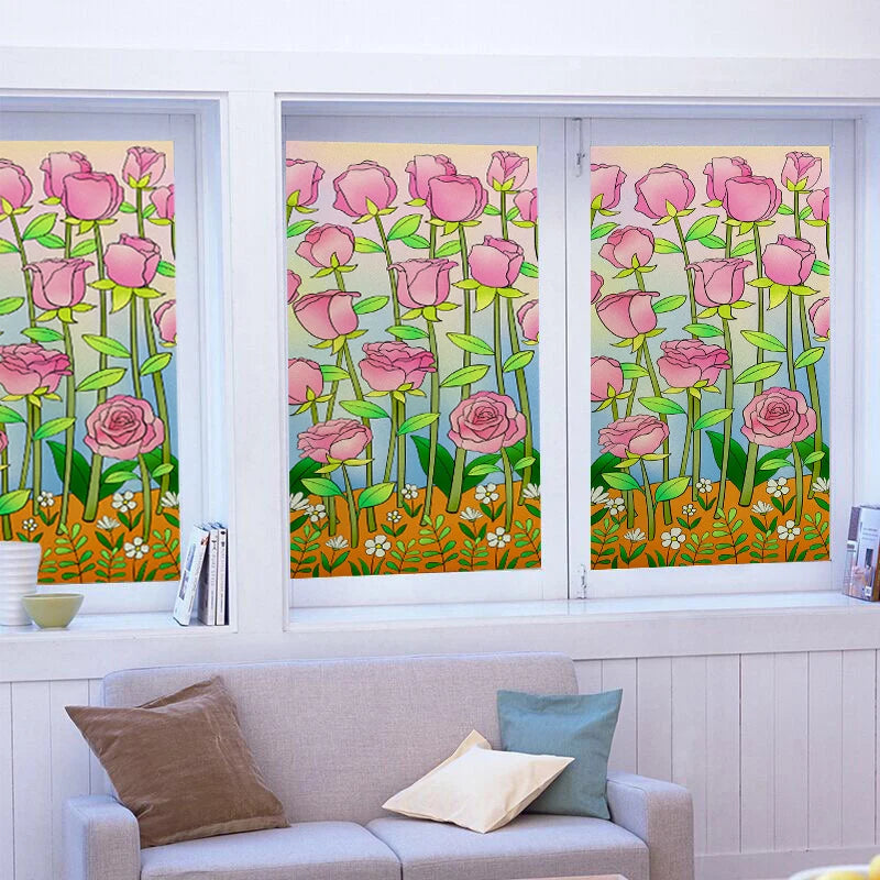 Window Film Stained Glass Films Frosted Static Cling Light-transparent Opaque Privacy Glass Sticker Home Decor Rose Flower