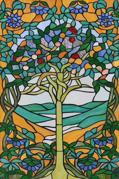 Custom Size Stained Glass Films,Frosted Privacy, Static Cling Poster, Retro Tree Scenic Color Printing Window Film Door Stickers