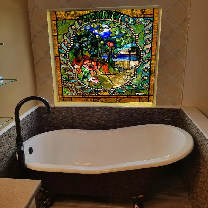 Window Film Stained Glass Films Frosted Privacy Static Cling ,Vintage 4 Seasons Spring, Summer,Autumn,Winter Pictuer for Home