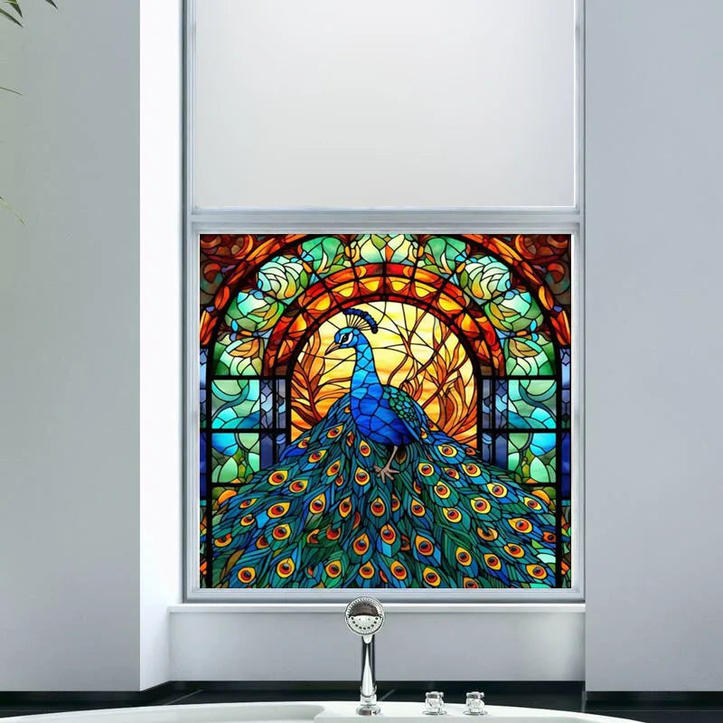 Stained Glass Window Film,Frosted Static Cling,Custom made to fit Window Size or Shape,Kitchen Bathroom Door Decor Peacock birds