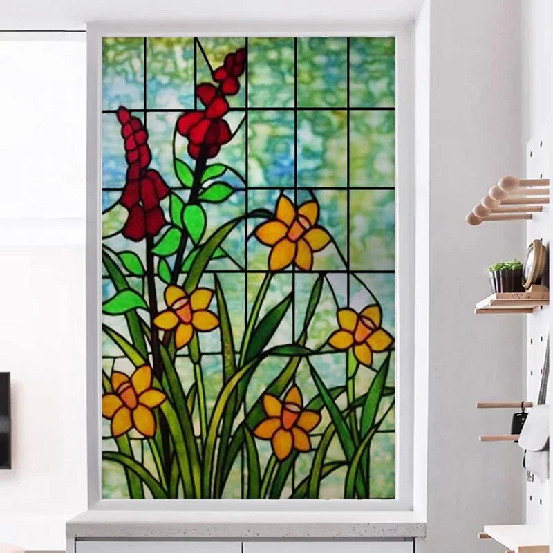 Window Film Frosted Stained Glass Films,Customized Privacy Static Cling,Retro Colorful Stickers Home Decor Bathroom Skylight
