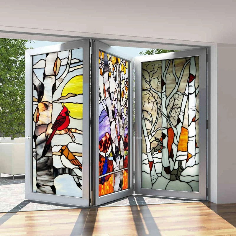 Customized Size No Glue Static Cling Frosted Stained Glass Window Films for Bathroom Door Home Decor Print Mosaic Night Moon