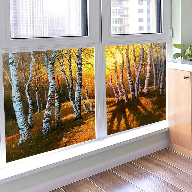 Window Film Stained Glass Stickers,Custom size Static Cling Frosted Privacy, Landscape,Tree Print For Transom Window Glass Home