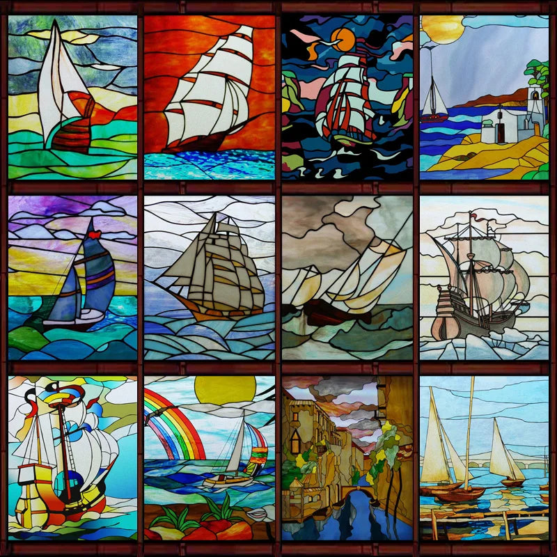 Frosted Stained Glass Window Film, Static Cling, Retro Door Sticker,Kitchen, Office, Home Decor, Customized,Sailboat