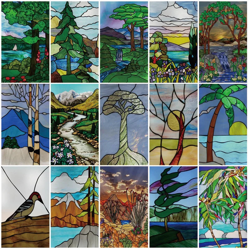 Custom Size Stained Glass Stickers,Static Cling,Frosted Privacy Print, Tree,Rivers for Window, Door, Home Decor