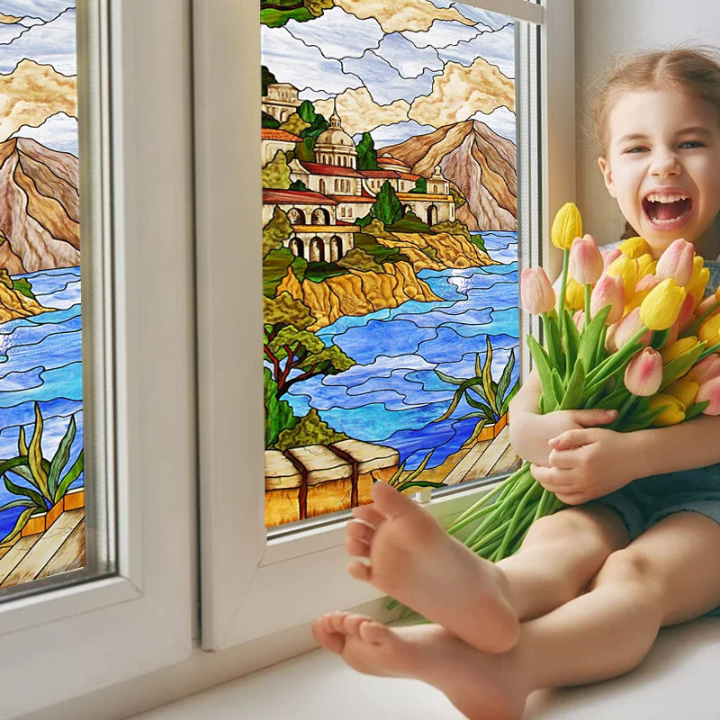 Window Film Stained Glass Stickers,Custom size Static Cling,Print Castle Church landscape Sailboat Sticker,Office Home Decor