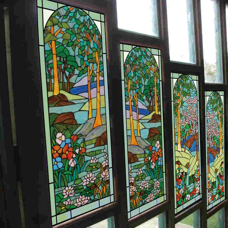 Custom Size Stained Glass Window Film Frosted Privacy Static Cling Tree Tiffany Style Stickers Shower Kitchen Office Home Decor