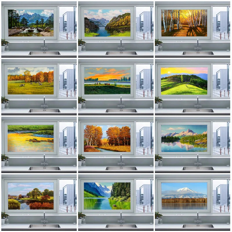 Window Film Stained Glass Stickers,Custom size Static Cling Frosted Privacy, Landscape,Tree Print For Transom Window Glass Home