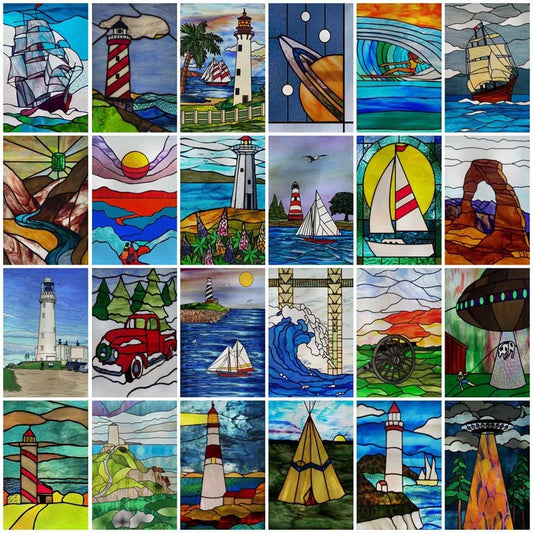 Custom Size Stained Glass Window Film, Retro Painted Frosted Static Cling, Vintage Glass Films Sticker, Lighthouse Sailboat