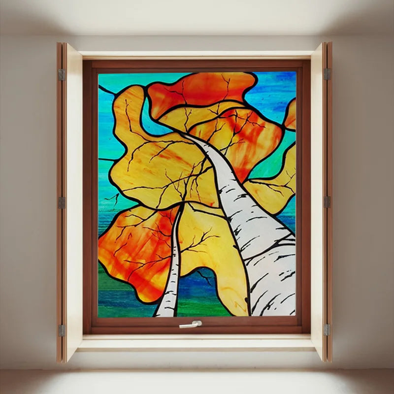 Window Film Frosted Stained Glass Films Customized Art Tree Retrom Static Cling Sticker,Home Decor Window Treatment