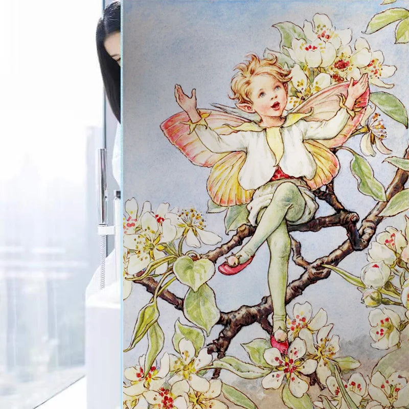 Custom Size Stained Glass Window Film, Flower Tree, Fairy Stickers, Static Cling, Kitchen, Bathroom, Bedroom, Door, Home Decor