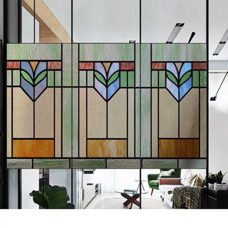 Custom Size Window Film, Stained Glass, Decorative Retro Window Sticker, Privacy Frosted Static Cling, Home Decal