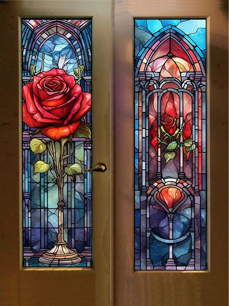 Privacy Windows Film Rose Stained Glass Window Door Stickers No Glue Static Cling Decorative Frosted Window Films Custom size