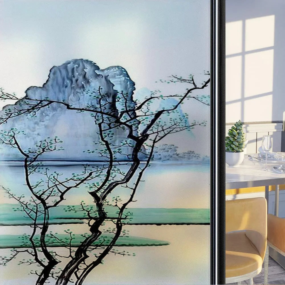 Custom Size Stained Glass Window Film,Frosted Privacy, Static Cling, Door Sticker,Bathroom, Home Decor, Tree, Mountain