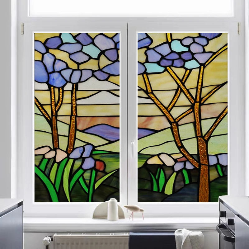 Window Film Frosted Stained Glass Films Customized Art Tree Retrom Static Cling Sticker,Home Decor Window Treatment