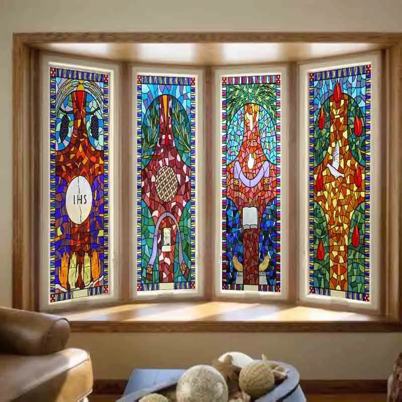 Custom Size Window Glass Films Satic Cling Classical Frosted Glass European Church Stained Glass Window Sticker Foil