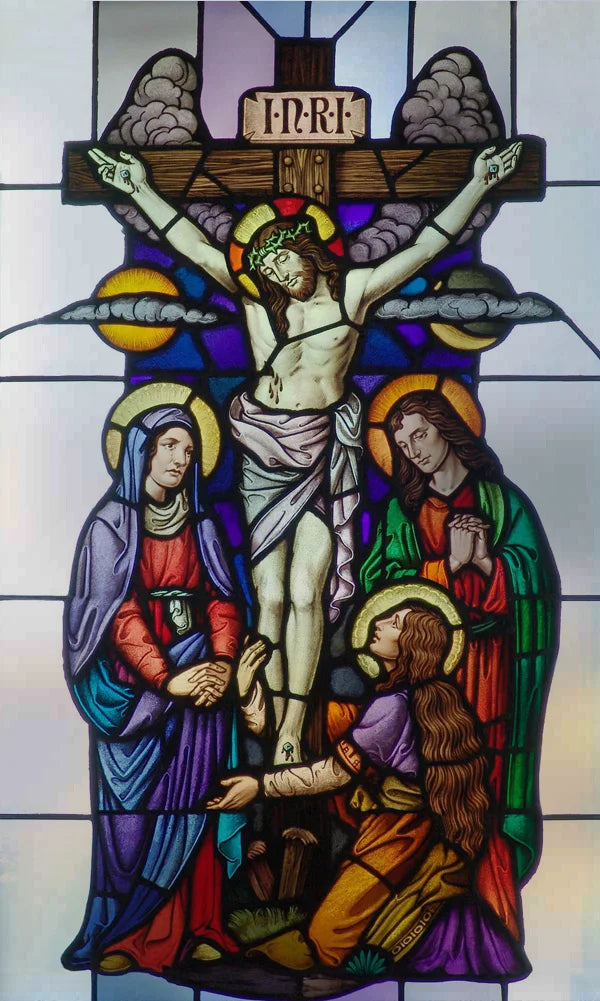 Decorative self adhesive/static cling frosted stained continental  window film can do custom size Crucifixion of Jesus/Christ