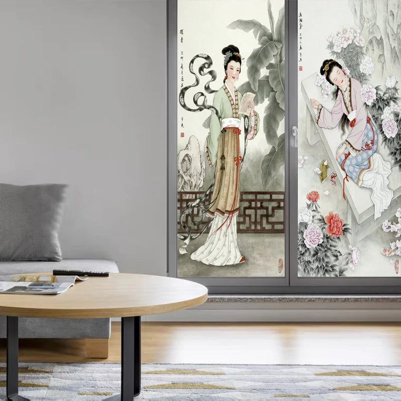 Stained Static Cling Window Film,Frosted Opaque Glass Sticker,Chinese style print Poster for Restaurant Home Decor