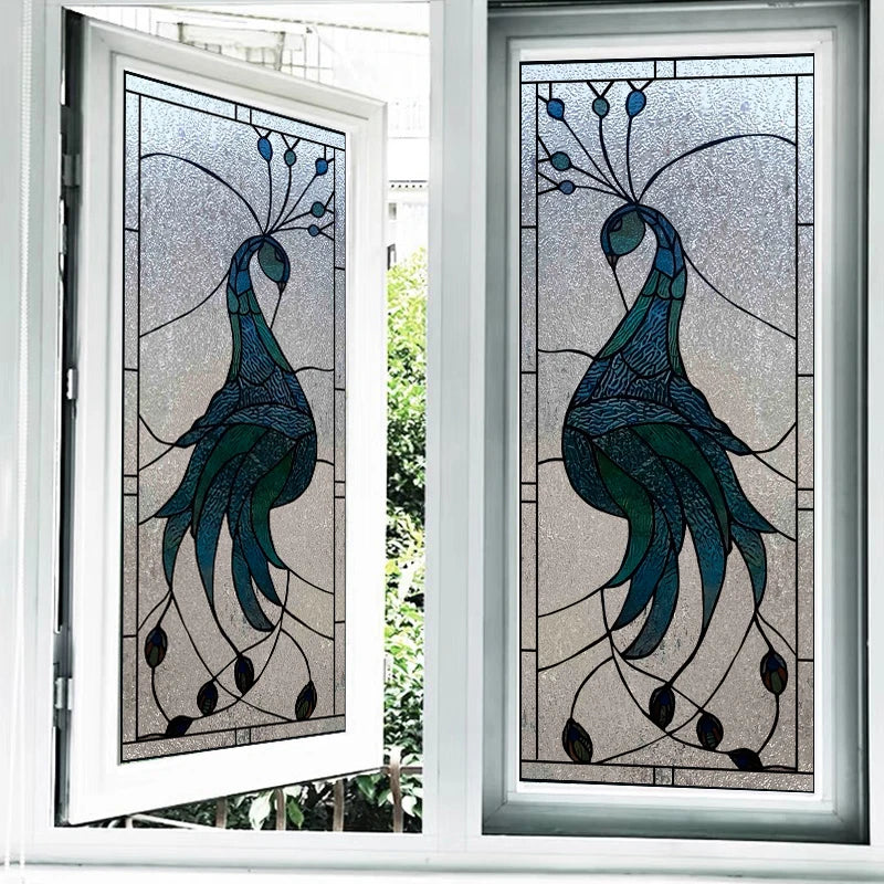 Custom Size 3D Matte Window Film, Stained Glass, Decorative UV Window Sticker, Privacy Frosted Static Cling, Home Decal,Peacock