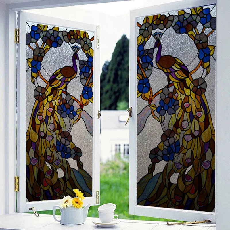 Custom Size 3D Matte Window Film, Stained Glass, Decorative UV Window Sticker, Privacy Frosted Static Cling, Home Decal,Peacock