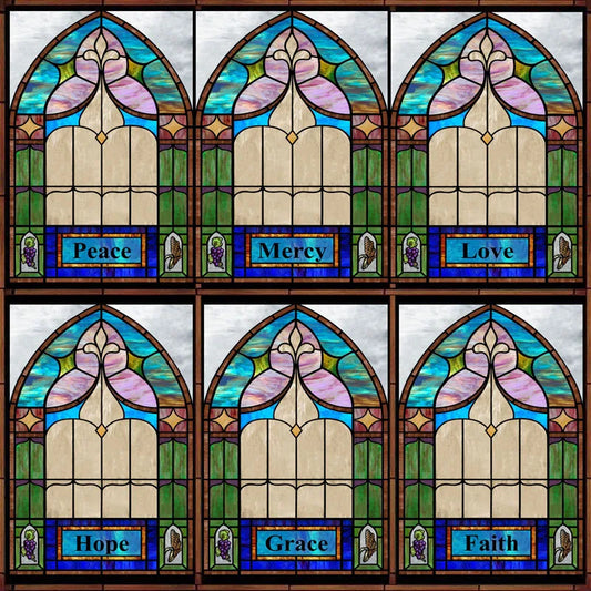 Frosted Stained Glass Window Film, Privacy Reusable Home-Decor, Church Arched Colorful Pattern, Faith Love Hope Word