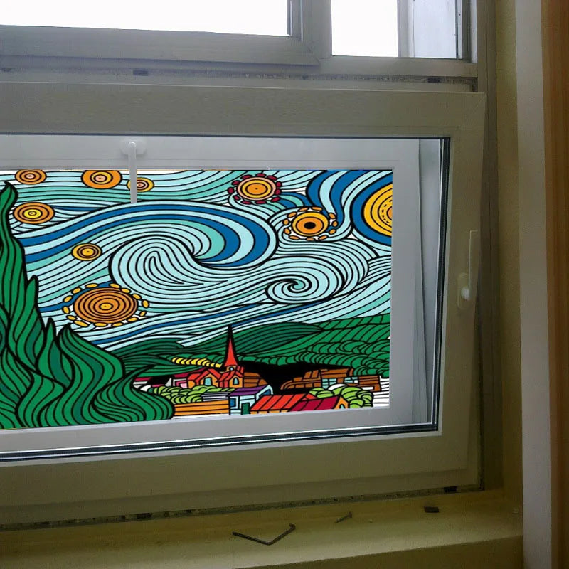 Frosted Stained Glass Window Film, Customized Scenery, Sun Starry Sky, Static Cling Sticker,Home Decor for Bathroom Kitchen