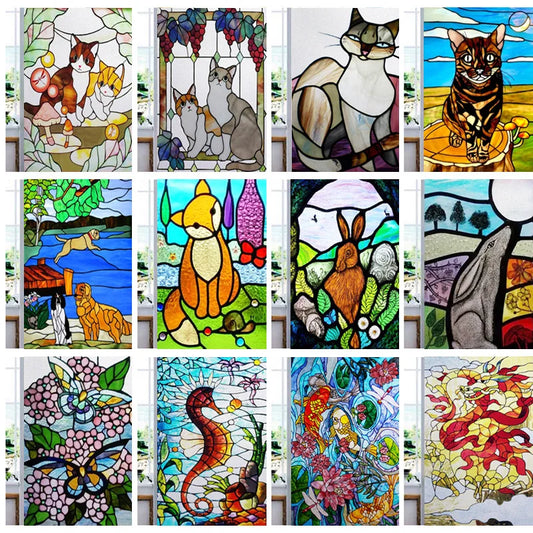 Window Film Stained Glass Stickers Static Cling,Frosted Privacy Custom size,Print Cat,Tiger,Deer,Bear For Window Door Home Dec