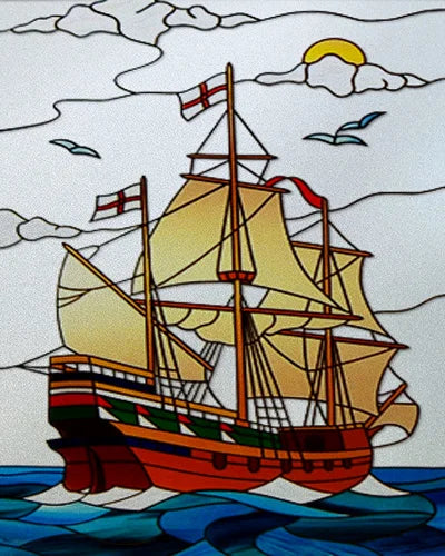 Frosted Stained Glass Window Film, Static Cling, Retro Door Sticker,Kitchen, Office, Home Decor, Customized,Sailboat