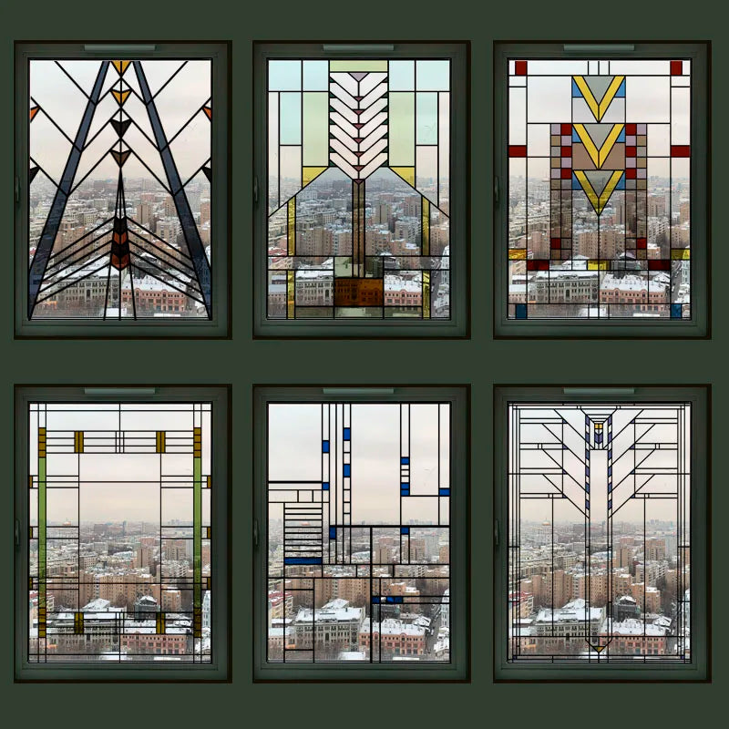 Stained Glass Window Film Transparent Glass Sticker Static Cling Prairie Scottish Style Office Door Anticollision Home Decor