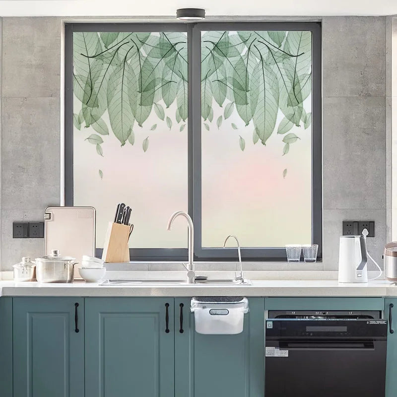 Customized Frosted Stained Glass Window Film, Art Deco Design Leaves,Static Cling, Remove Door Sticker,Home Decor