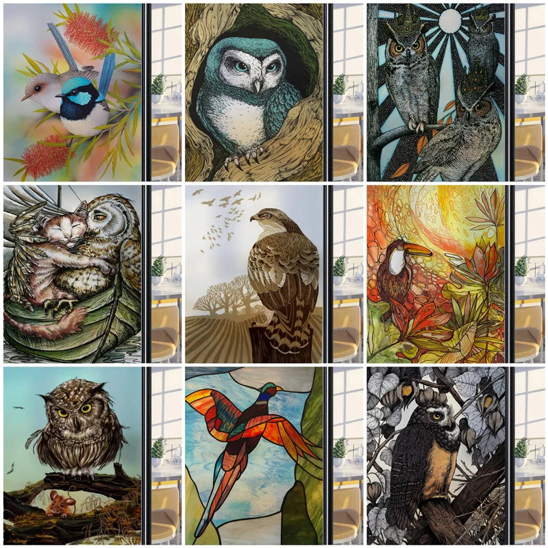 Frosted Stained Glass Window Film, Customized Art Deco Design, Birds Static Cling Sticker,Home Decor Foil, Treatment