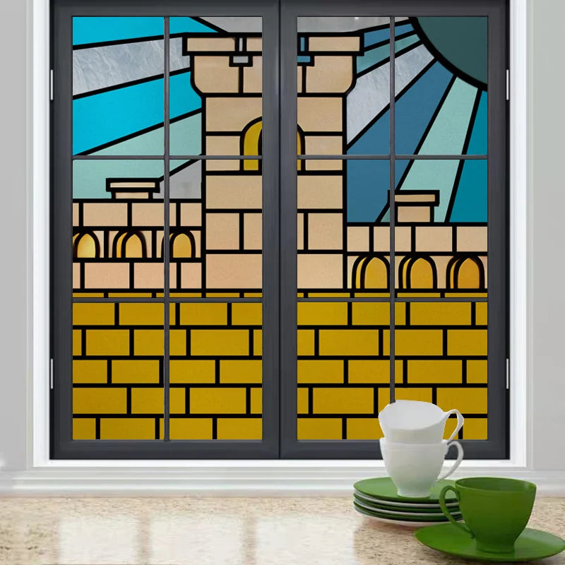 Custom Size Window Film, Stained Glass Films, Square Window Sticker, Retro Church Frosted Static Cling, Door Glass Home Decor