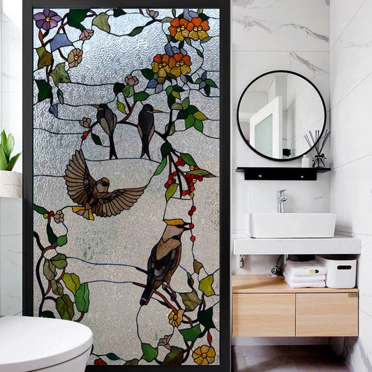 Custom size Stained Glass Window Film Door Sticker 3D Frosted Static Cling Art Colored Glass Flower Birds Tree Home Decoration