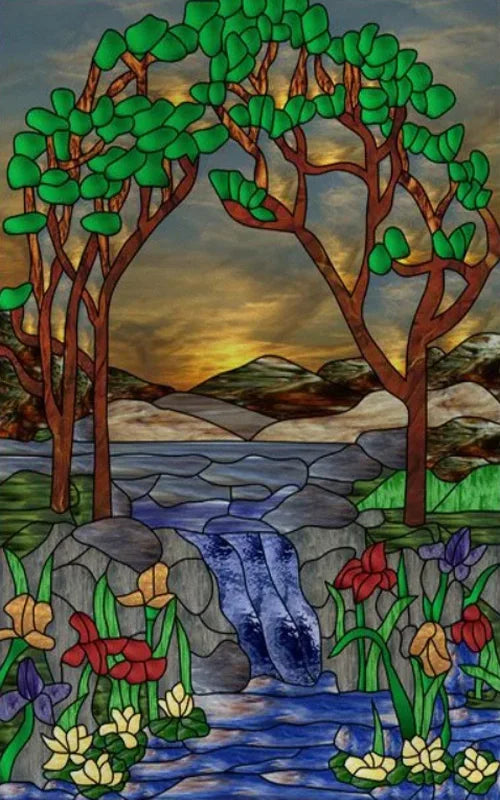 Custom Size Stained Glass Stickers,Static Cling,Frosted Privacy Print, Tree,Rivers for Window, Door, Home Decor