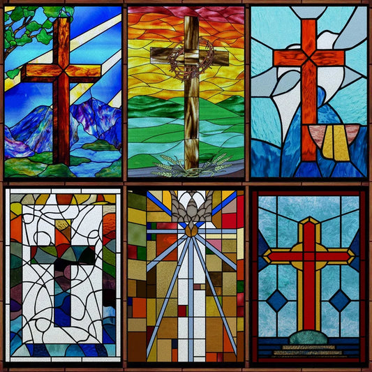 Custom Stained Glass Window Privacy Film – Frosted Static Cling Vintage Cross Design for Church Skylight and Home Decorative Windows