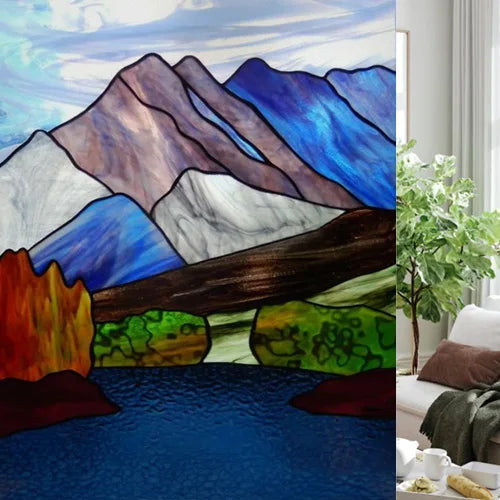 Custom size Glass Films,Stained Glass Stickers Static Cling,Frosted Privacy Print Tree,Rivers,Hill For Window Door Home Decor