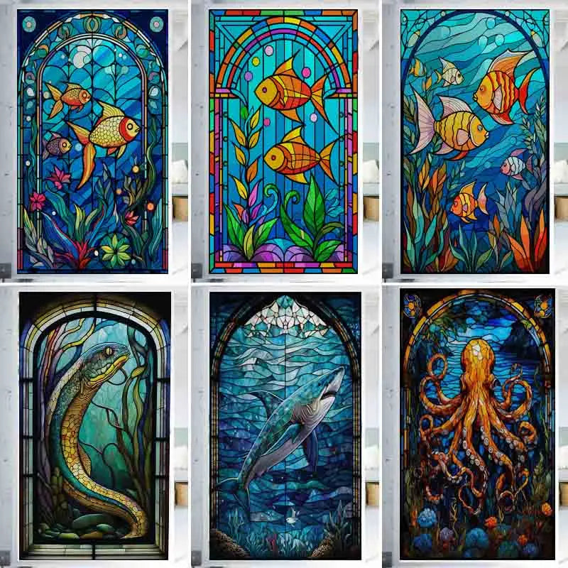 Custom Size Window Stained Glass Films,Fish,Sea World Stickers For Bathroom Bedroom Door Office Home Decor
